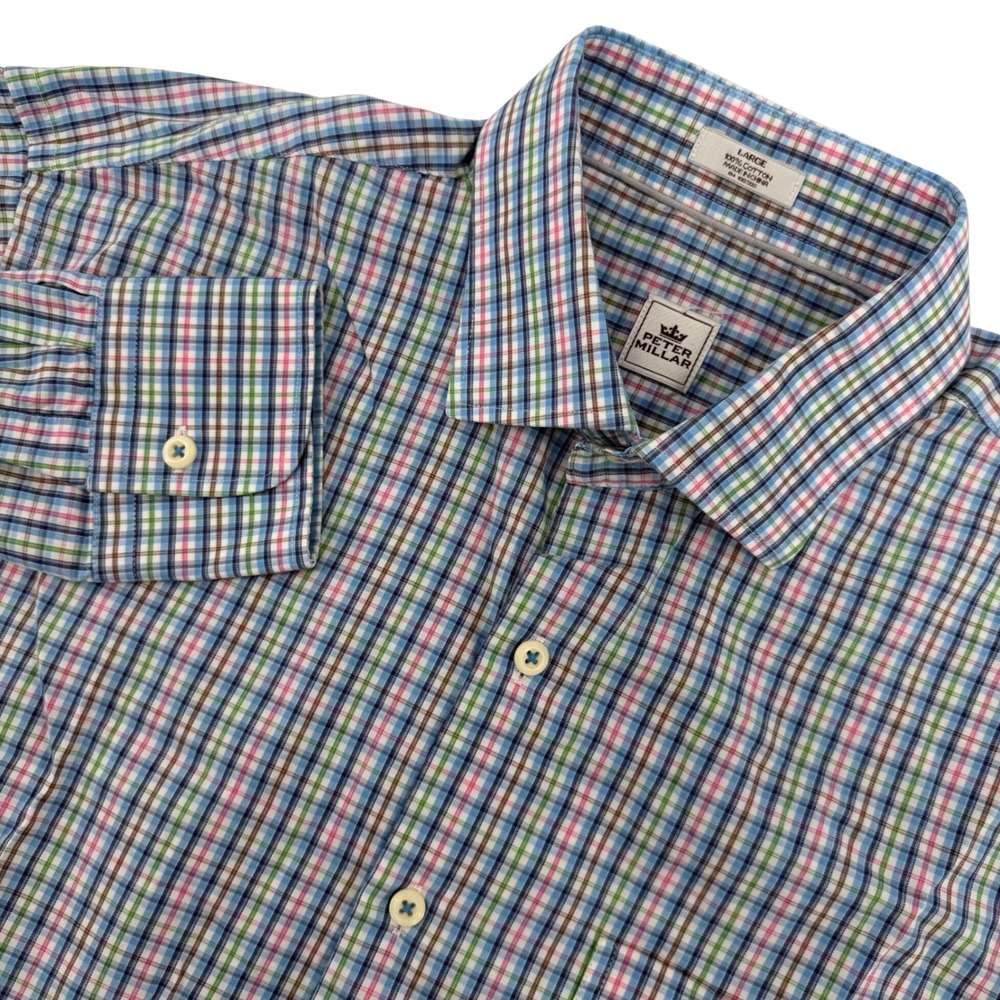 Peter Millar Button Down Mens‎ Large Blue Multi Plaid Long Sleeve Cotton Shirt